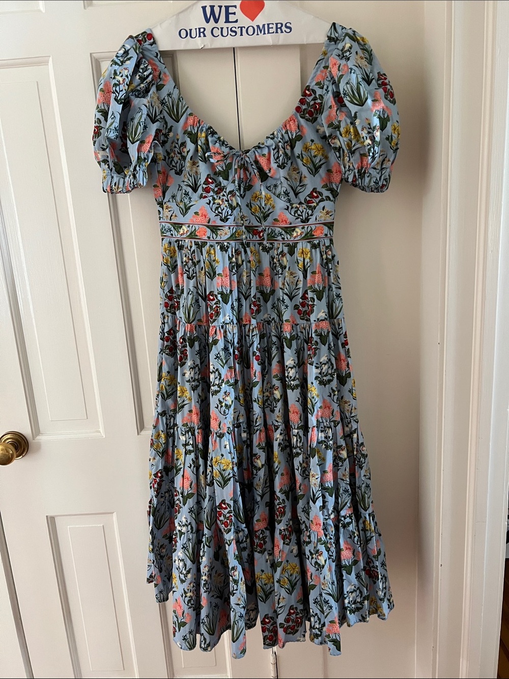 Agua by Agua Bendita Powder Blue Floral Midi Dress with Puff Sleeves